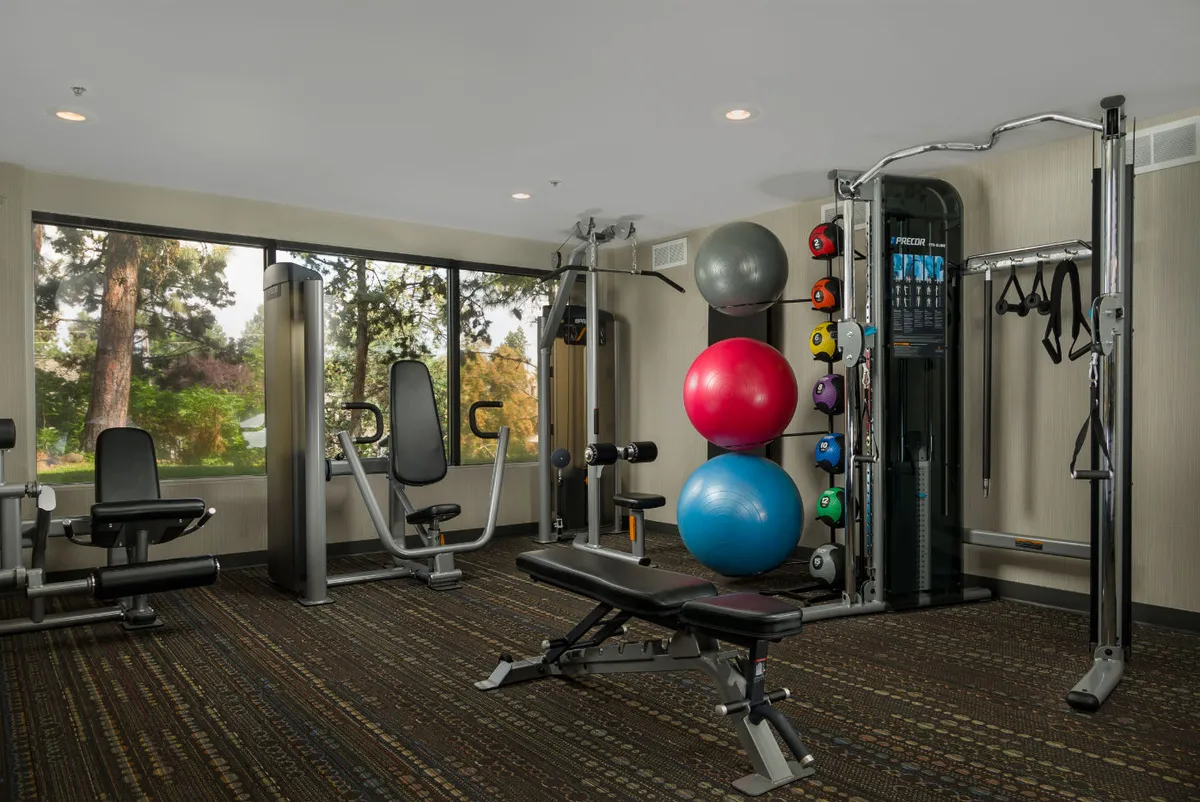 A well-appointed fitness center with modern exercise equipment, colorful exercise balls, and bright natural light streaming through large windows. The space feels energetic and motivating, perfect for wellness-focused guests.